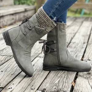 Women's Knitted & Faux Leather Panel Design Boots, Tie Back Side Zip Boots, Women's Footwear