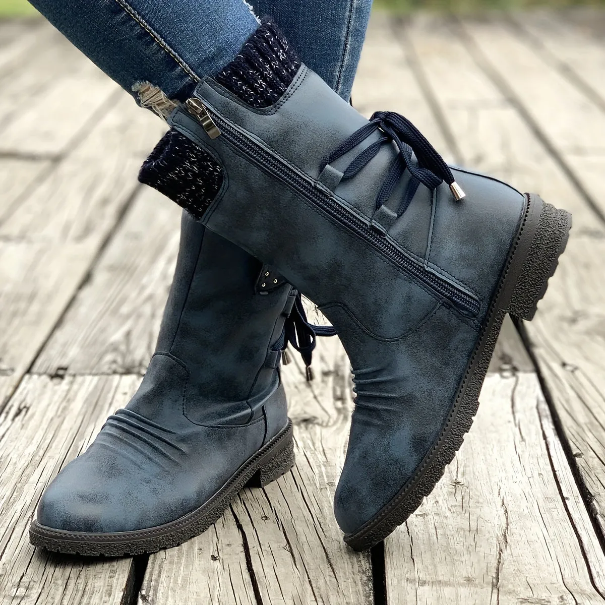 Women's Knitted & Faux Leather Panel Design Boots, Tie Back Side Zip Boots, Women's Footwear