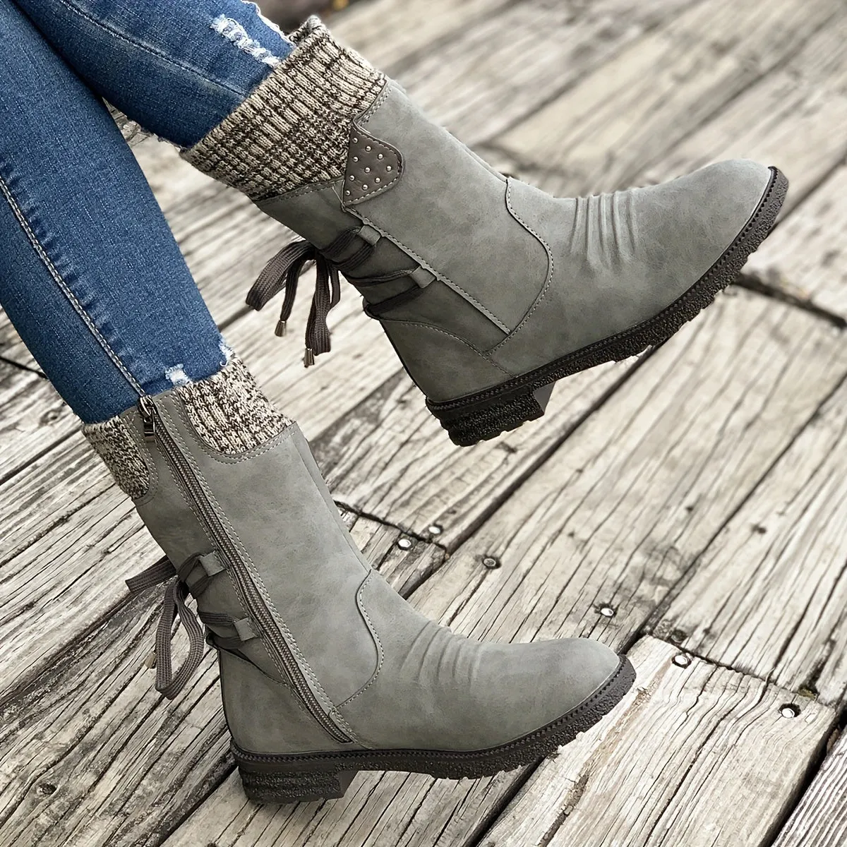 Women's Knitted & Faux Leather Panel Design Boots, Tie Back Side Zip Boots, Women's Footwear