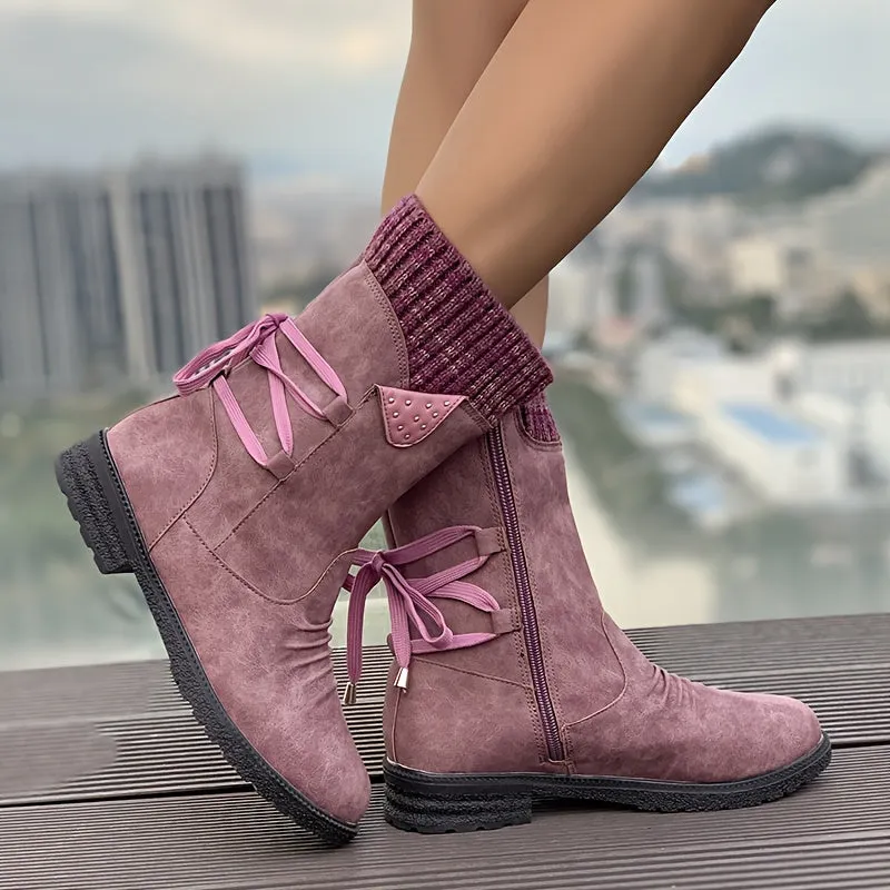 Women's Knitted & Faux Leather Panel Design Boots, Tie Back Side Zip Boots, Women's Footwear