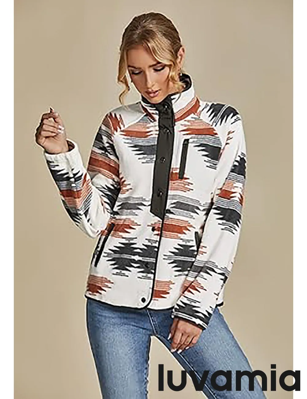 Women's Lapel Geometric Printed Fleece Casual Jacket With Pockets