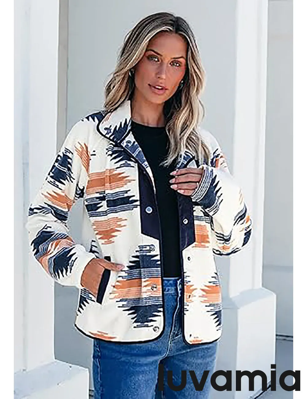 Women's Lapel Geometric Printed Fleece Casual Jacket With Pockets