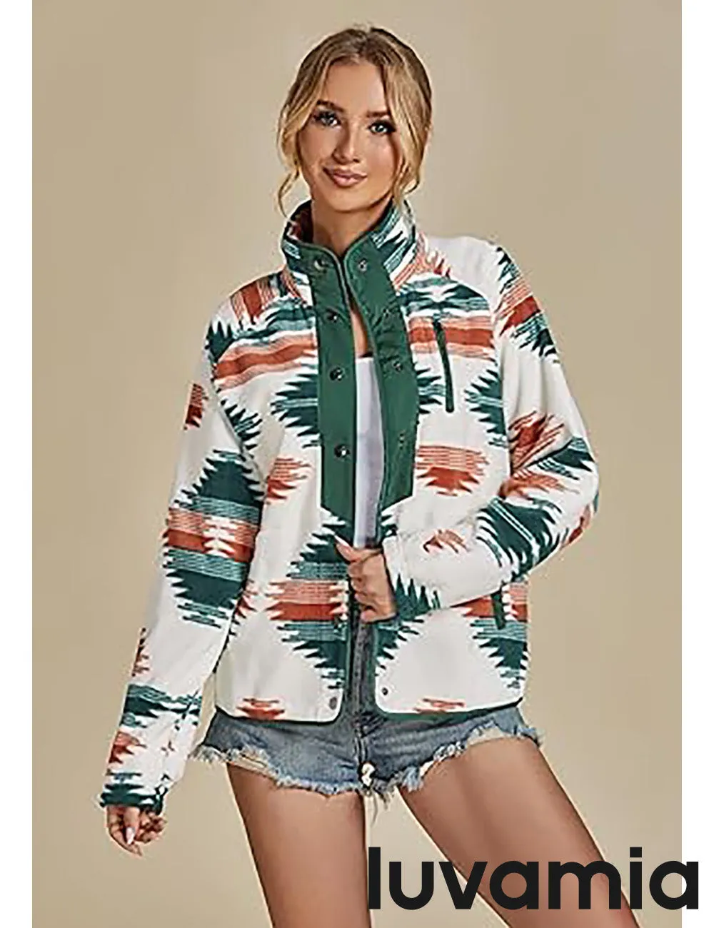 Women's Lapel Geometric Printed Fleece Casual Jacket With Pockets