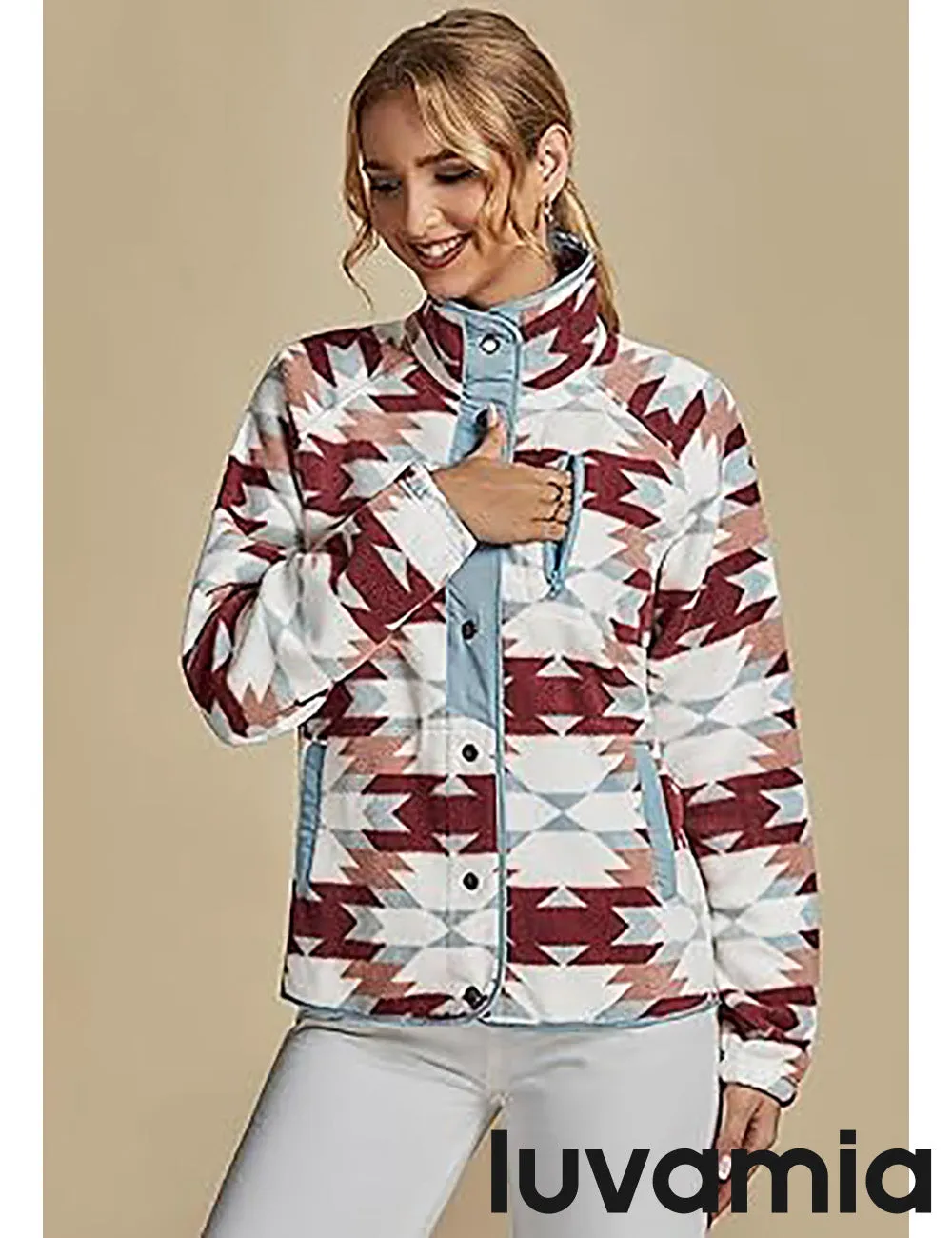 Women's Lapel Geometric Printed Fleece Casual Jacket With Pockets