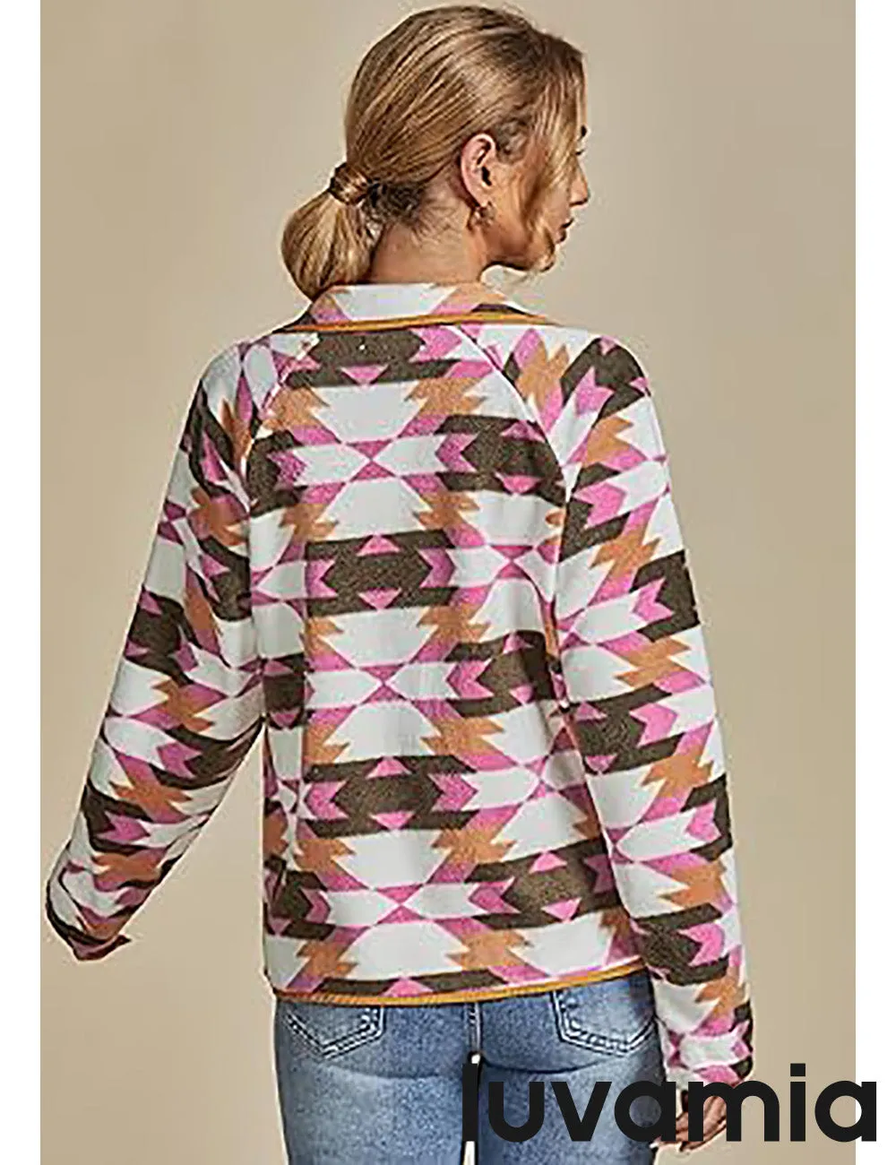 Women's Lapel Geometric Printed Fleece Casual Jacket With Pockets