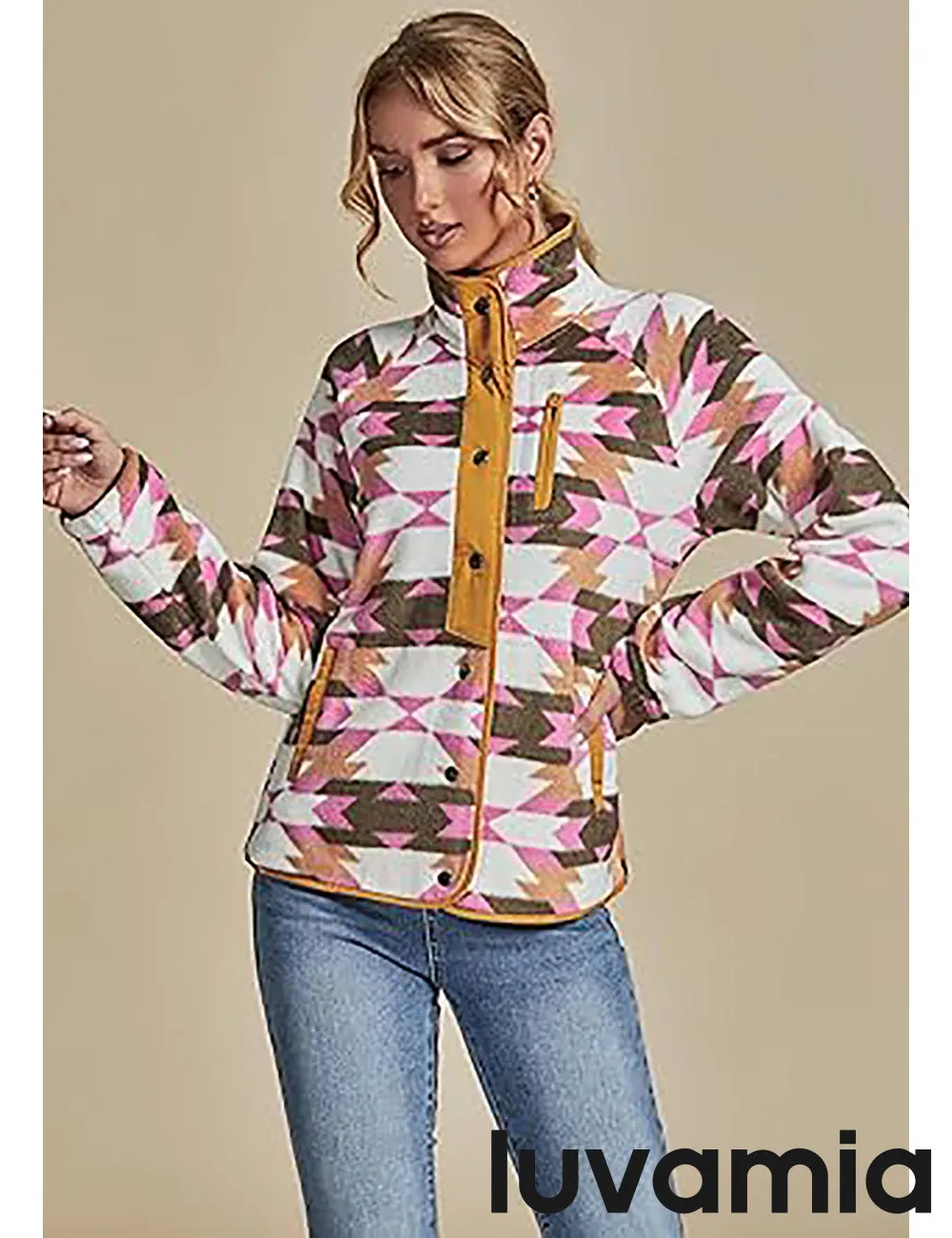 Women's Lapel Geometric Printed Fleece Casual Jacket With Pockets