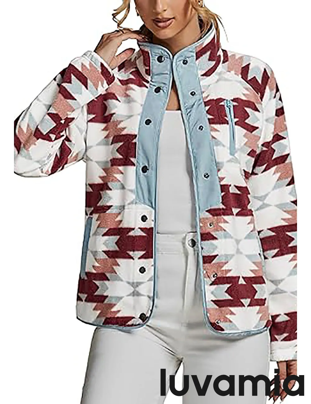 Women's Lapel Geometric Printed Fleece Casual Jacket With Pockets