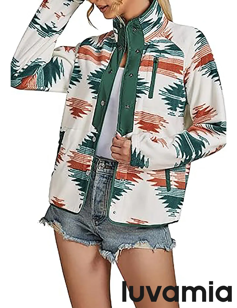 Women's Lapel Geometric Printed Fleece Casual Jacket With Pockets