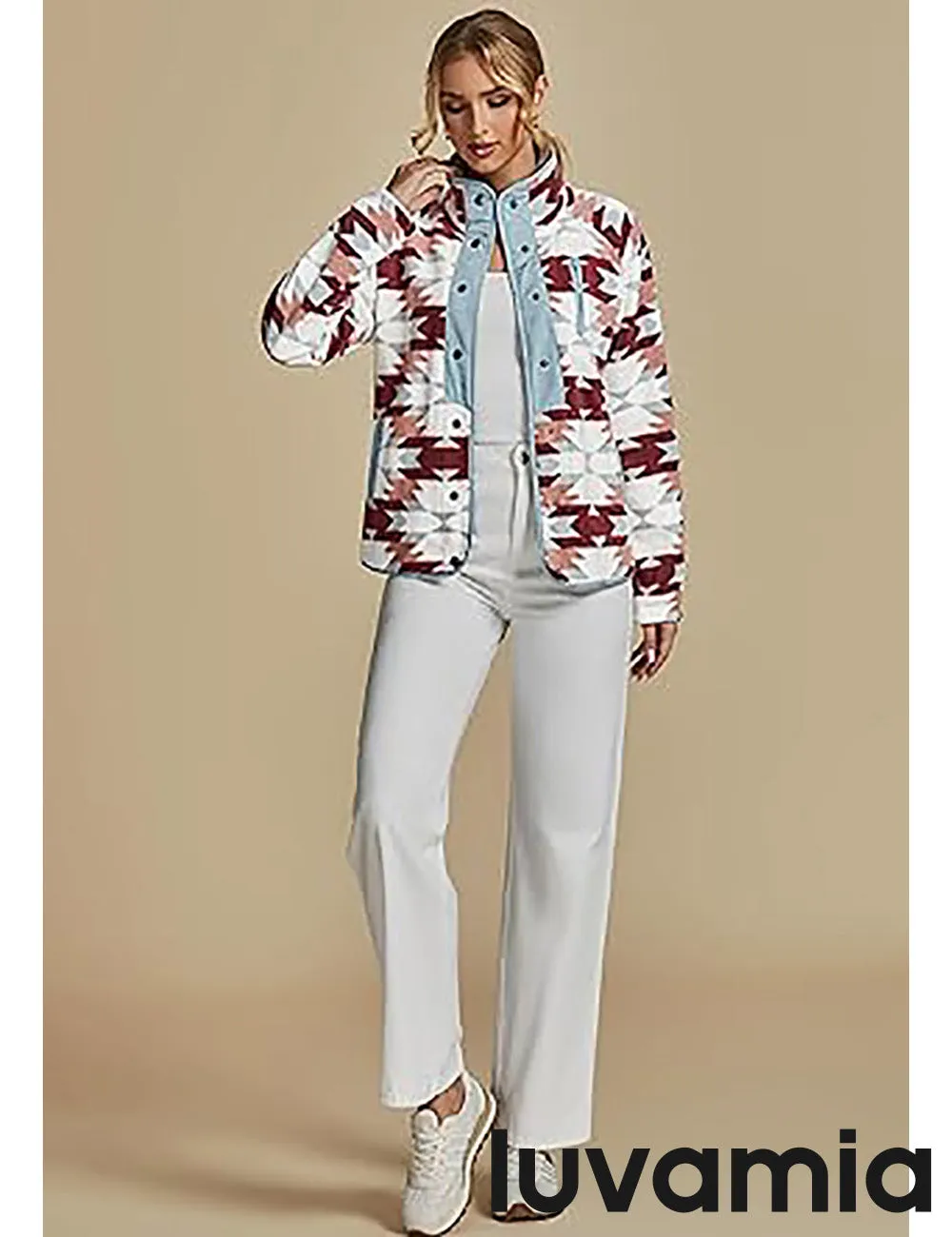 Women's Lapel Geometric Printed Fleece Casual Jacket With Pockets