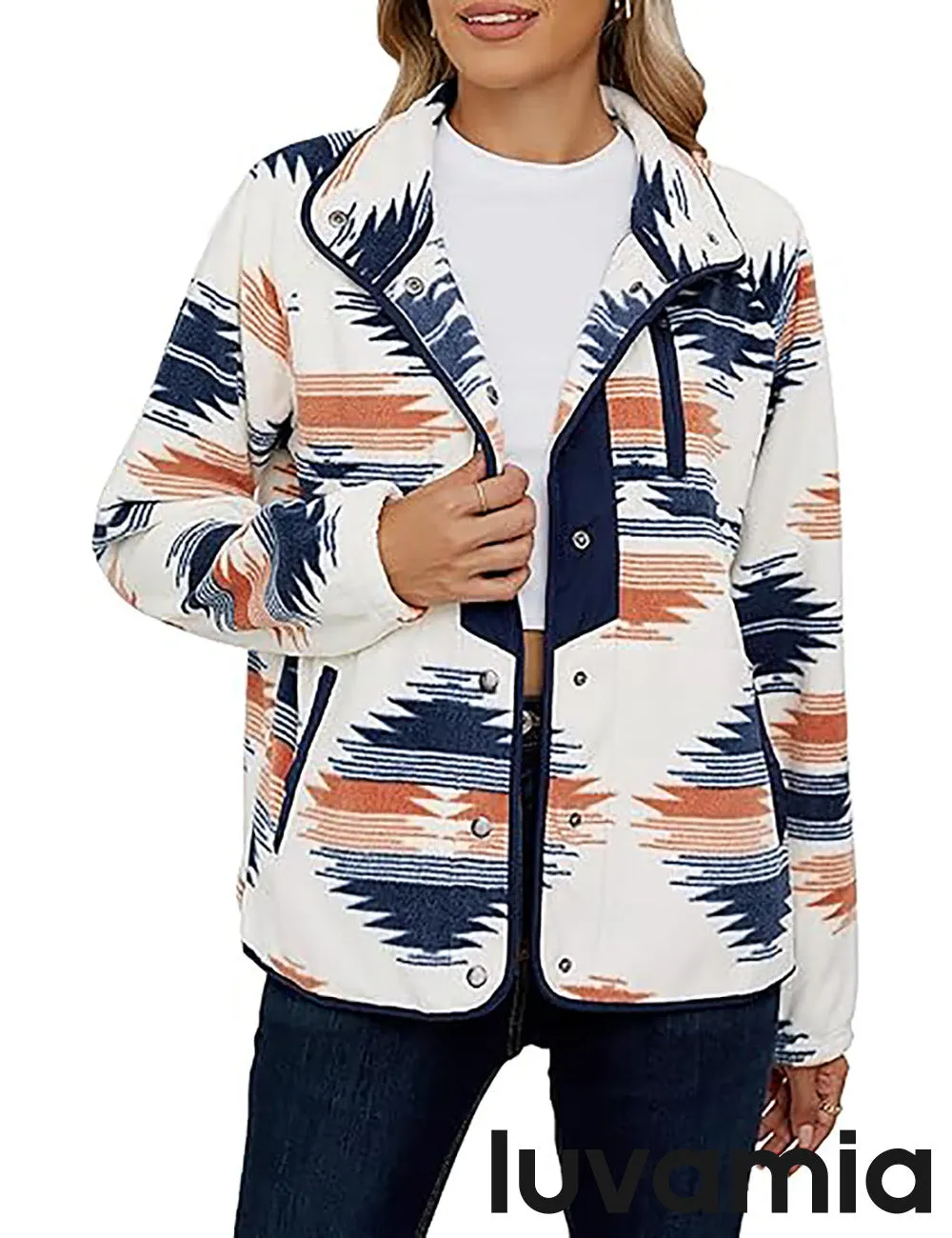 Women's Lapel Geometric Printed Fleece Casual Jacket With Pockets