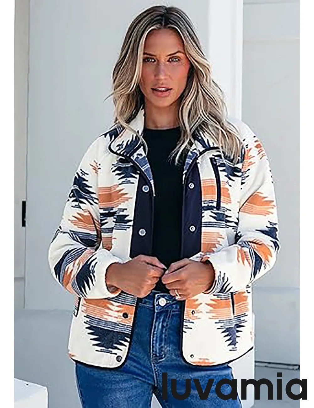 Women's Lapel Geometric Printed Fleece Casual Jacket With Pockets