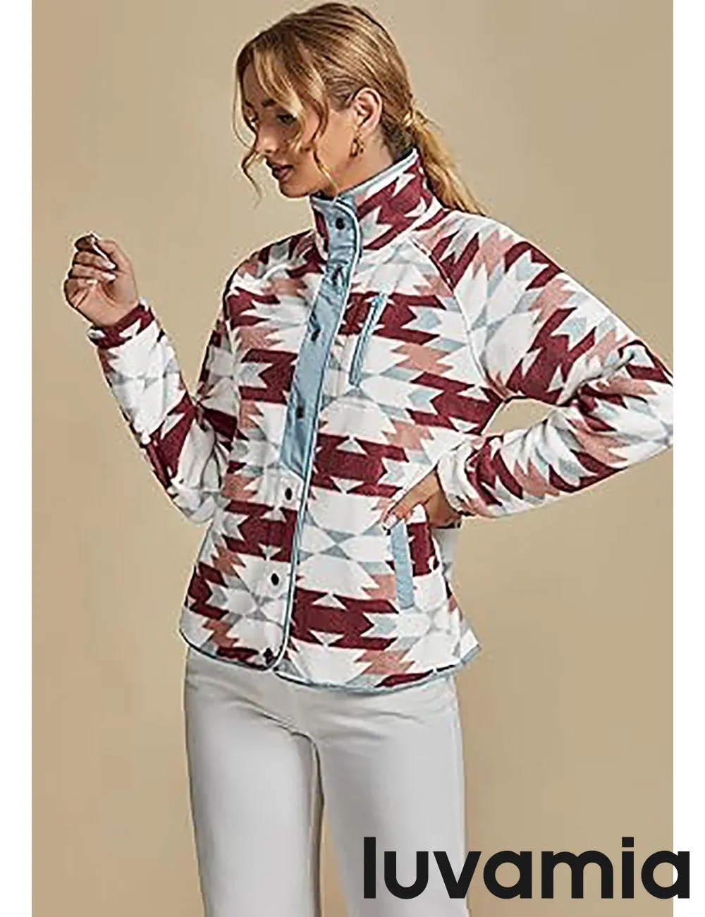 Women's Lapel Geometric Printed Fleece Casual Jacket With Pockets