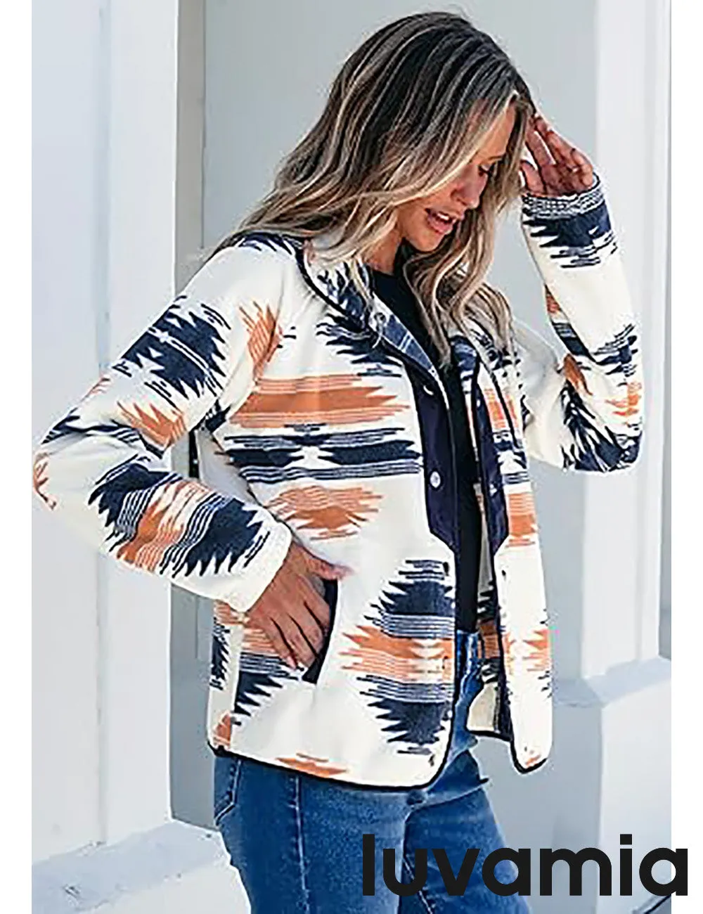 Women's Lapel Geometric Printed Fleece Casual Jacket With Pockets