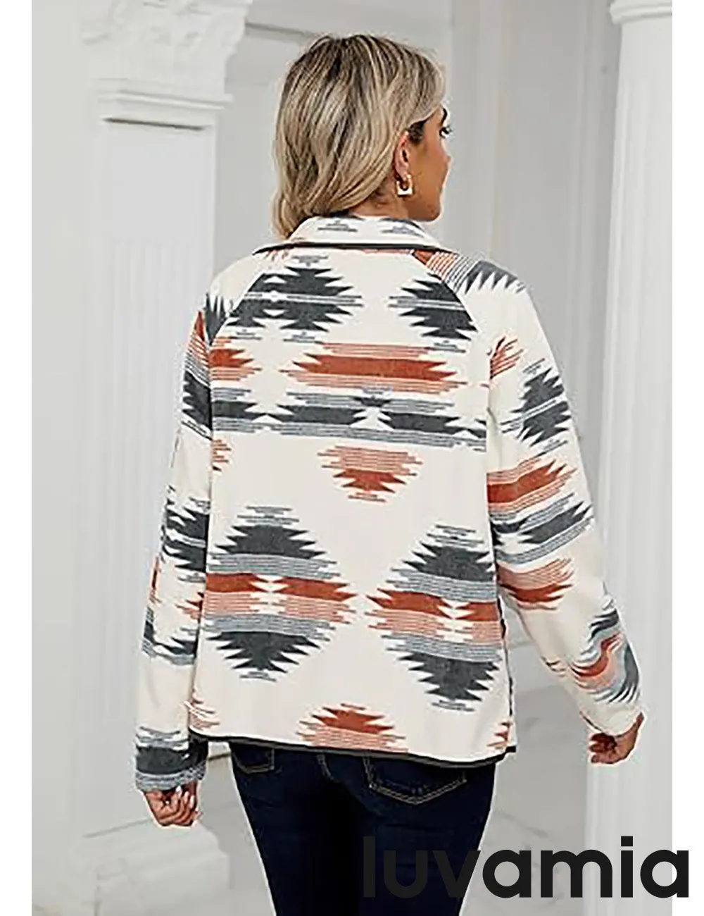Women's Lapel Geometric Printed Fleece Casual Jacket With Pockets