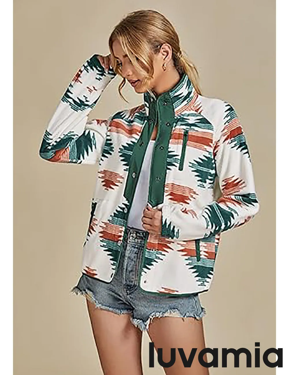 Women's Lapel Geometric Printed Fleece Casual Jacket With Pockets