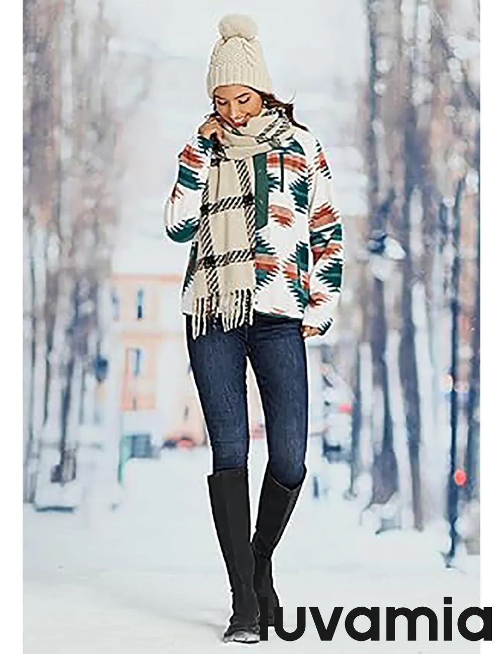 Women's Lapel Geometric Printed Fleece Casual Jacket With Pockets