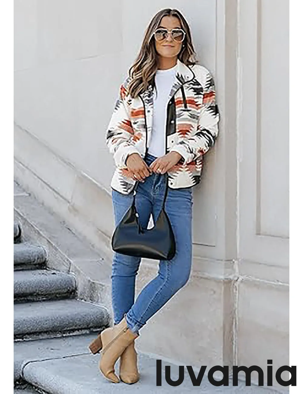 Women's Lapel Geometric Printed Fleece Casual Jacket With Pockets