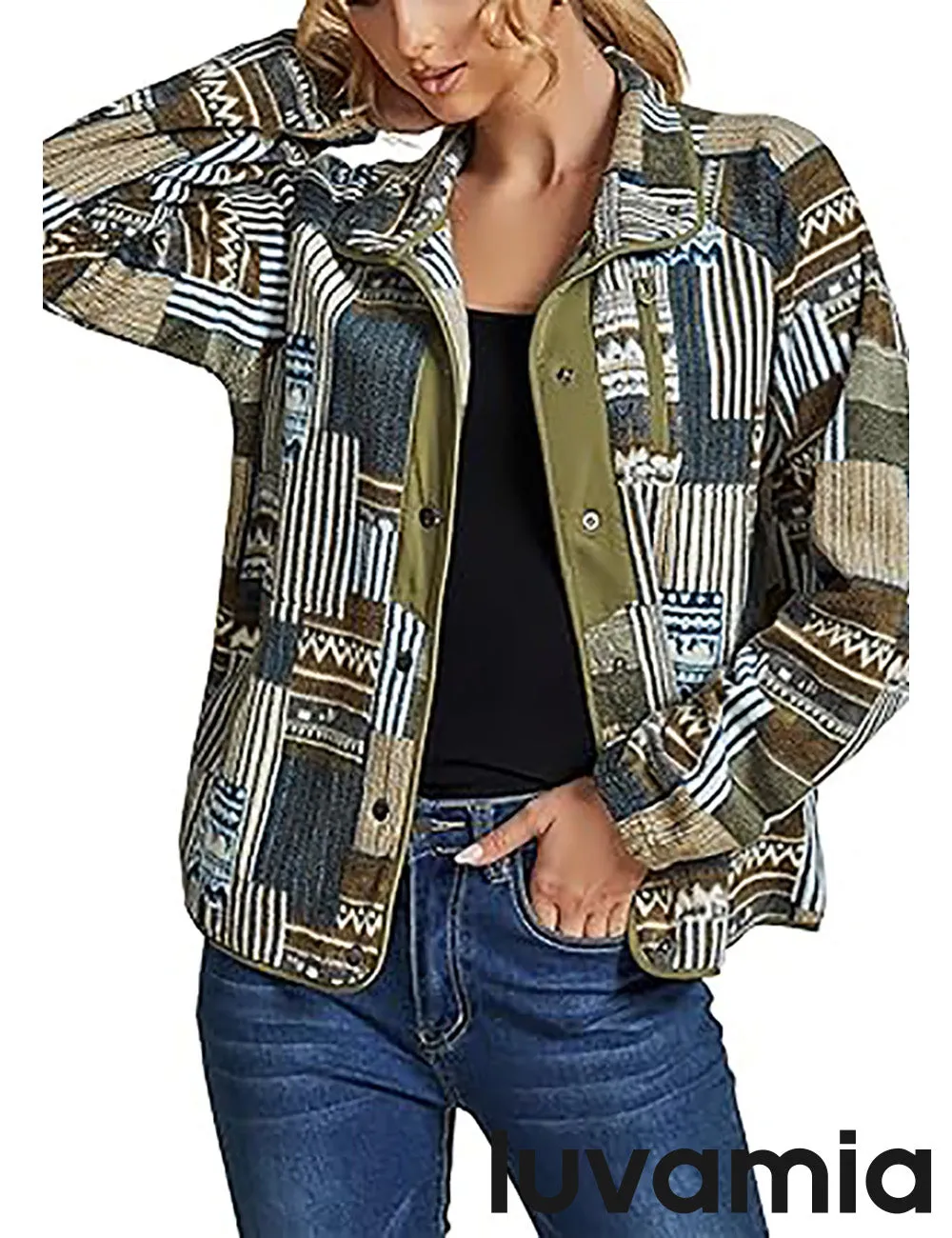 Women's Lapel Geometric Printed Fleece Casual Jacket With Pockets