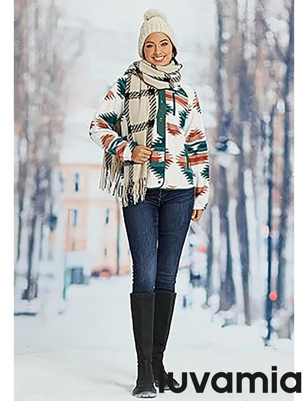 Women's Lapel Geometric Printed Fleece Casual Jacket With Pockets