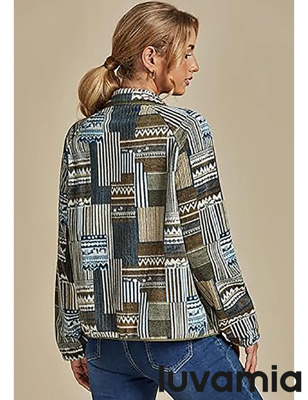 Women's Lapel Geometric Printed Fleece Casual Jacket With Pockets