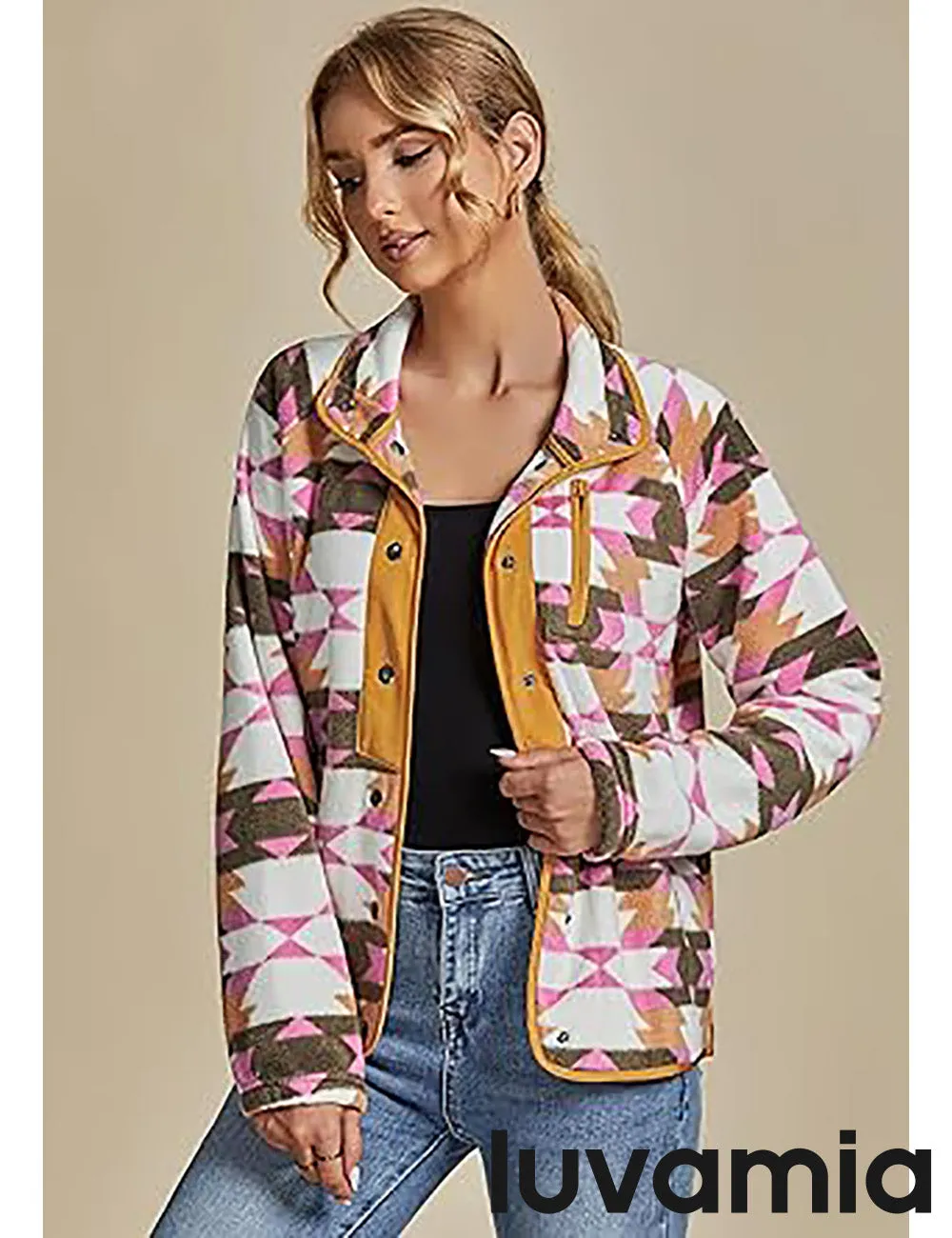 Women's Lapel Geometric Printed Fleece Casual Jacket With Pockets