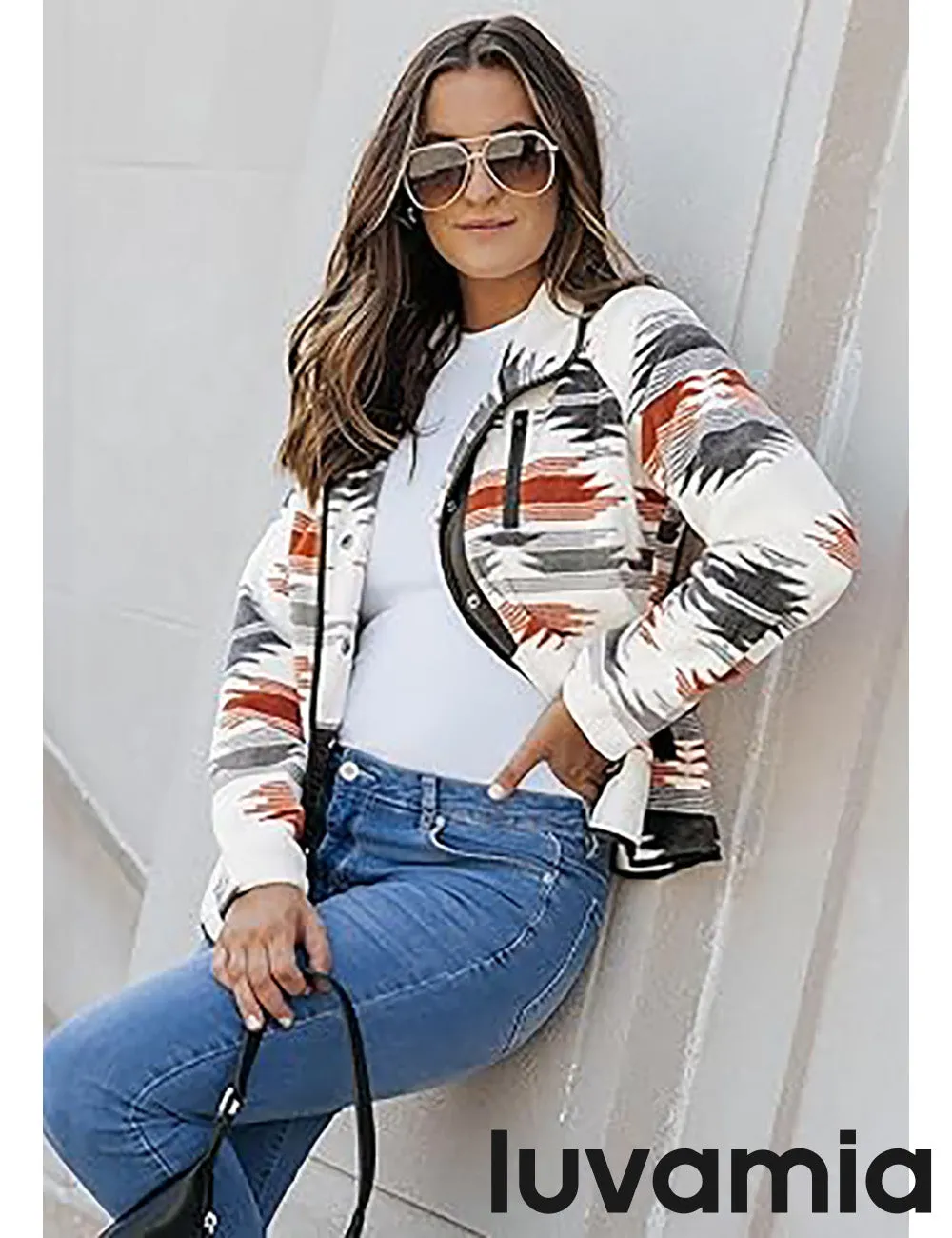 Women's Lapel Geometric Printed Fleece Casual Jacket With Pockets