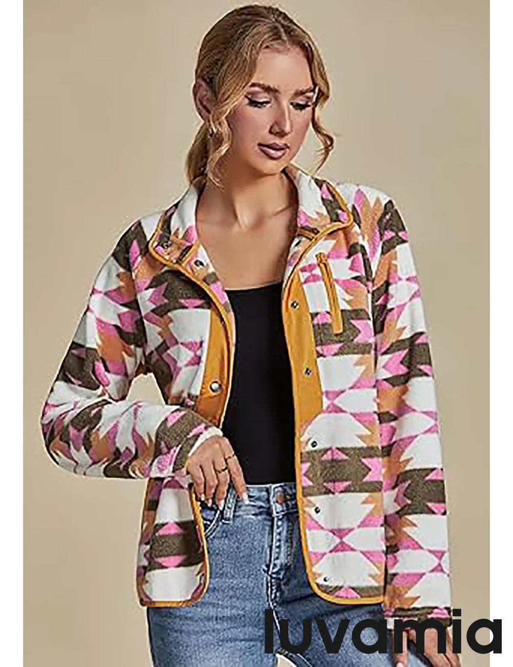 Women's Lapel Geometric Printed Fleece Casual Jacket With Pockets