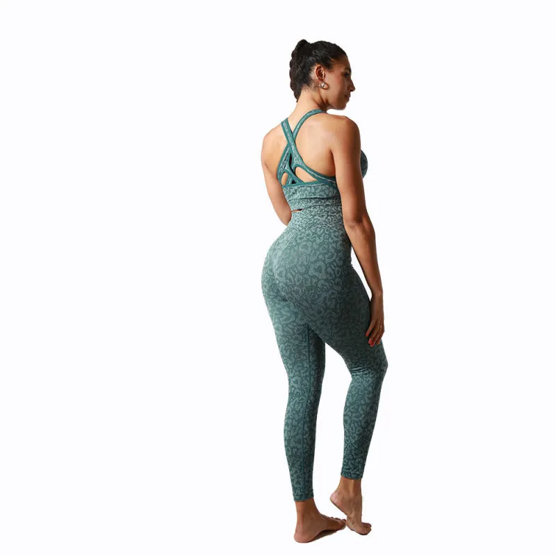 Women's Leopard Print Activewear Gym Set Including Crop Vest And Leggings