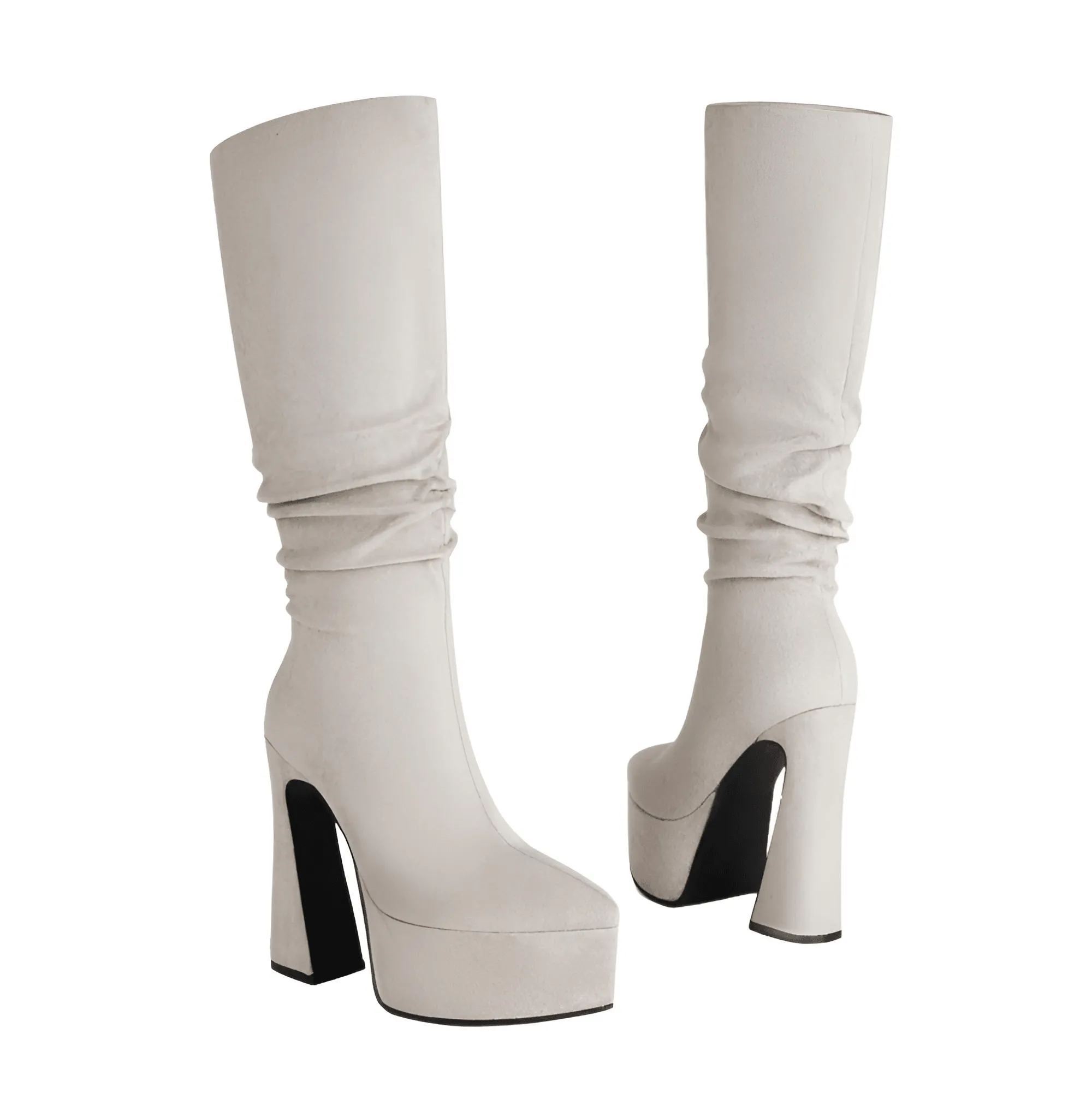 Women's Long Pointed Toe Midi Boots Thick High Heels Platform Pleated Gogo Boots Ladies Winter Fashion