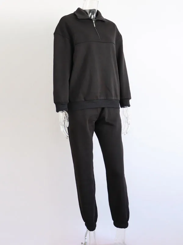 Women's Long Sleeve Zipper Stand Collar Sweater Comfortable Loose Sports Leisure Sweater Two-piece Set