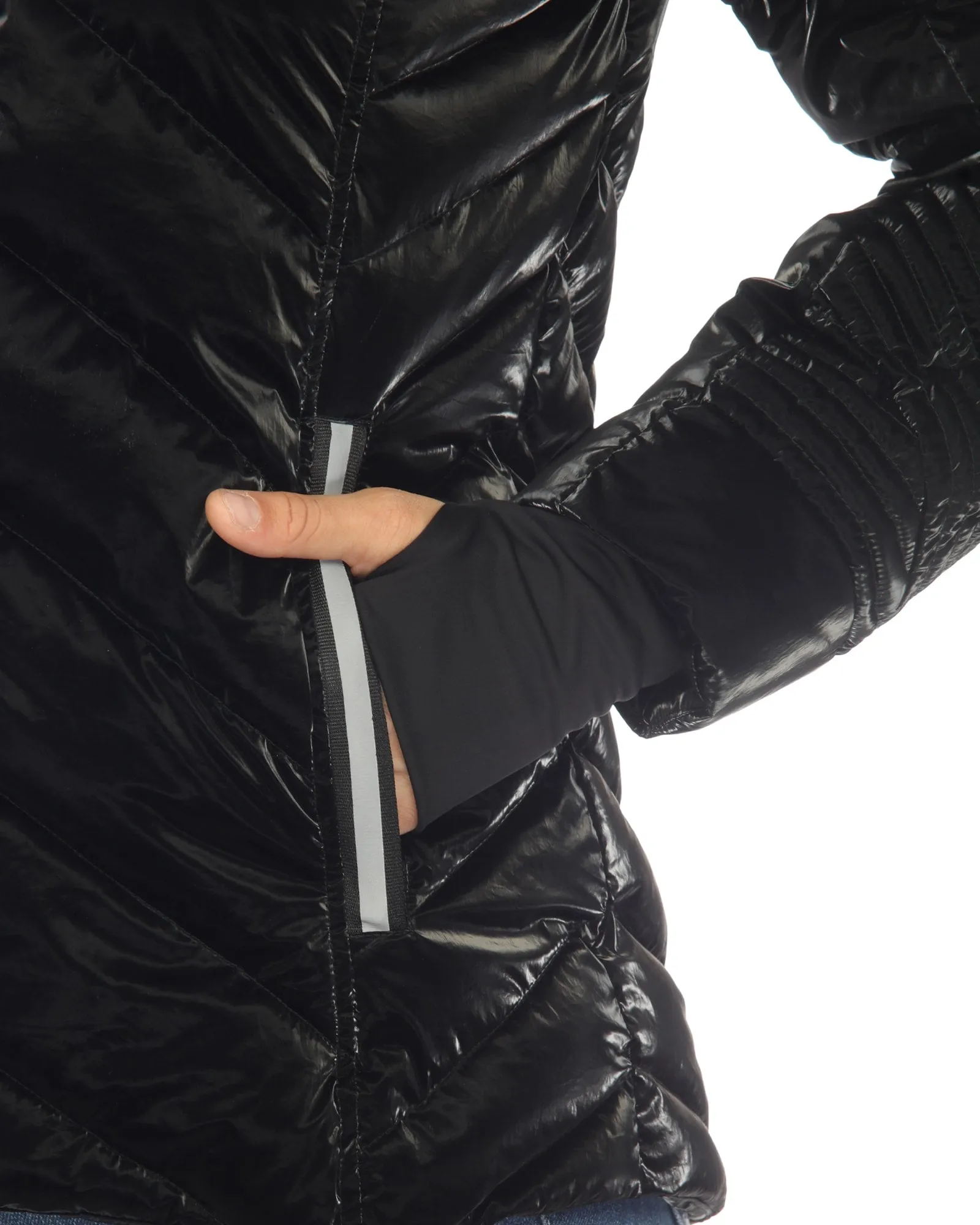 Women's Midweight Quilted Contrast With Thumbholes Hooded Jacket | Black