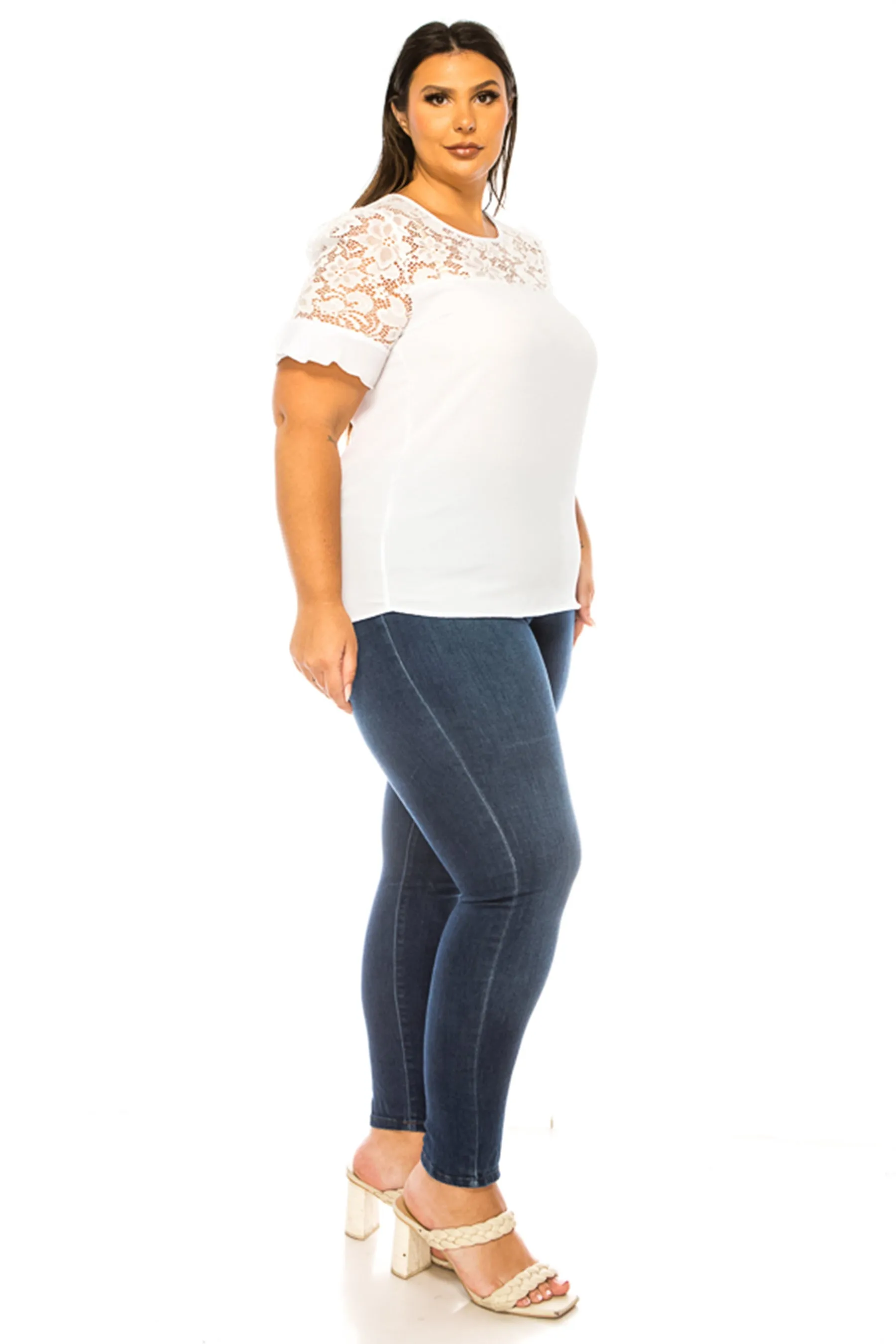 Women's Plus Size Classic Solid Top with Lace Accent - Casual and Elegant