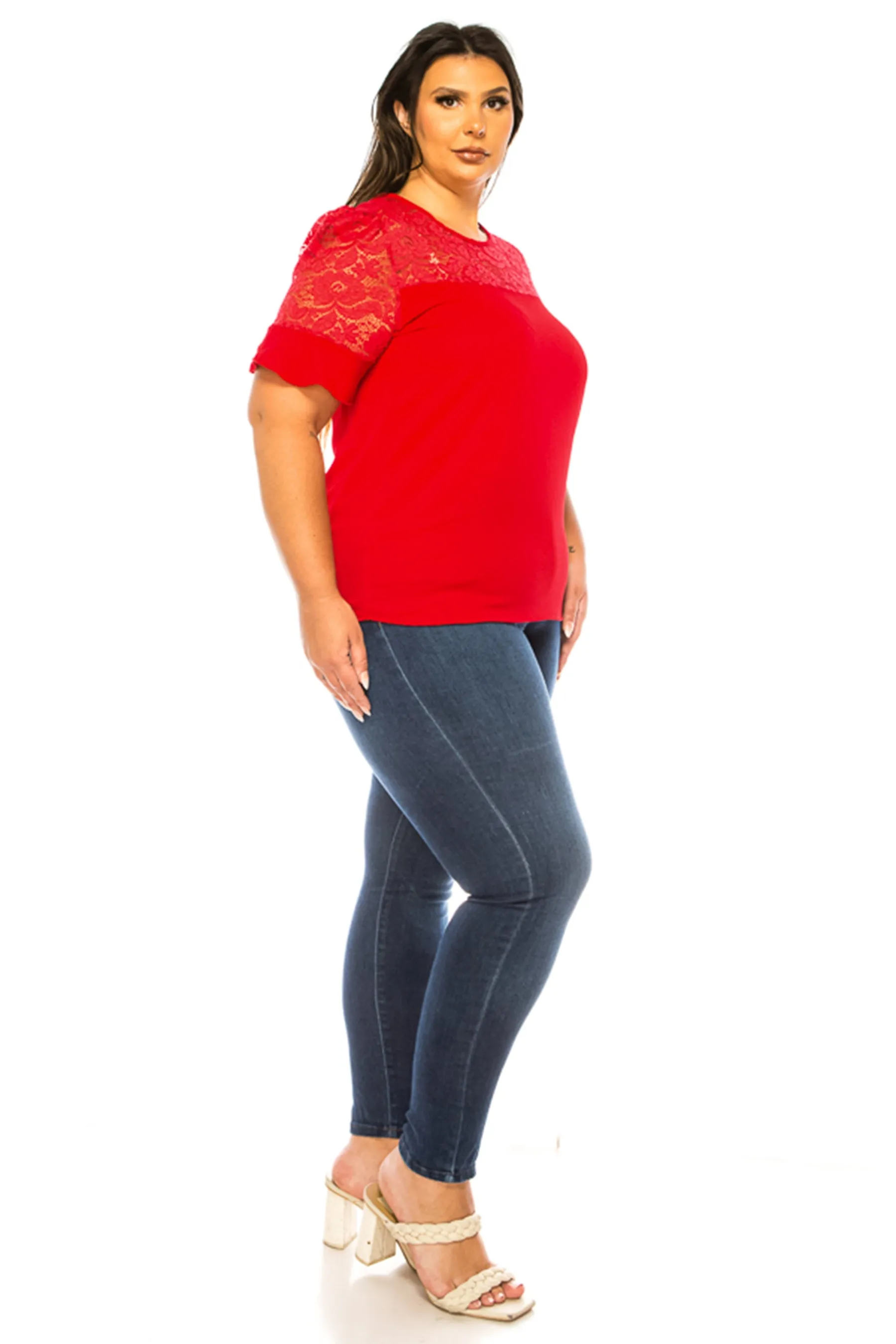 Women's Plus Size Classic Solid Top with Lace Accent - Casual and Elegant