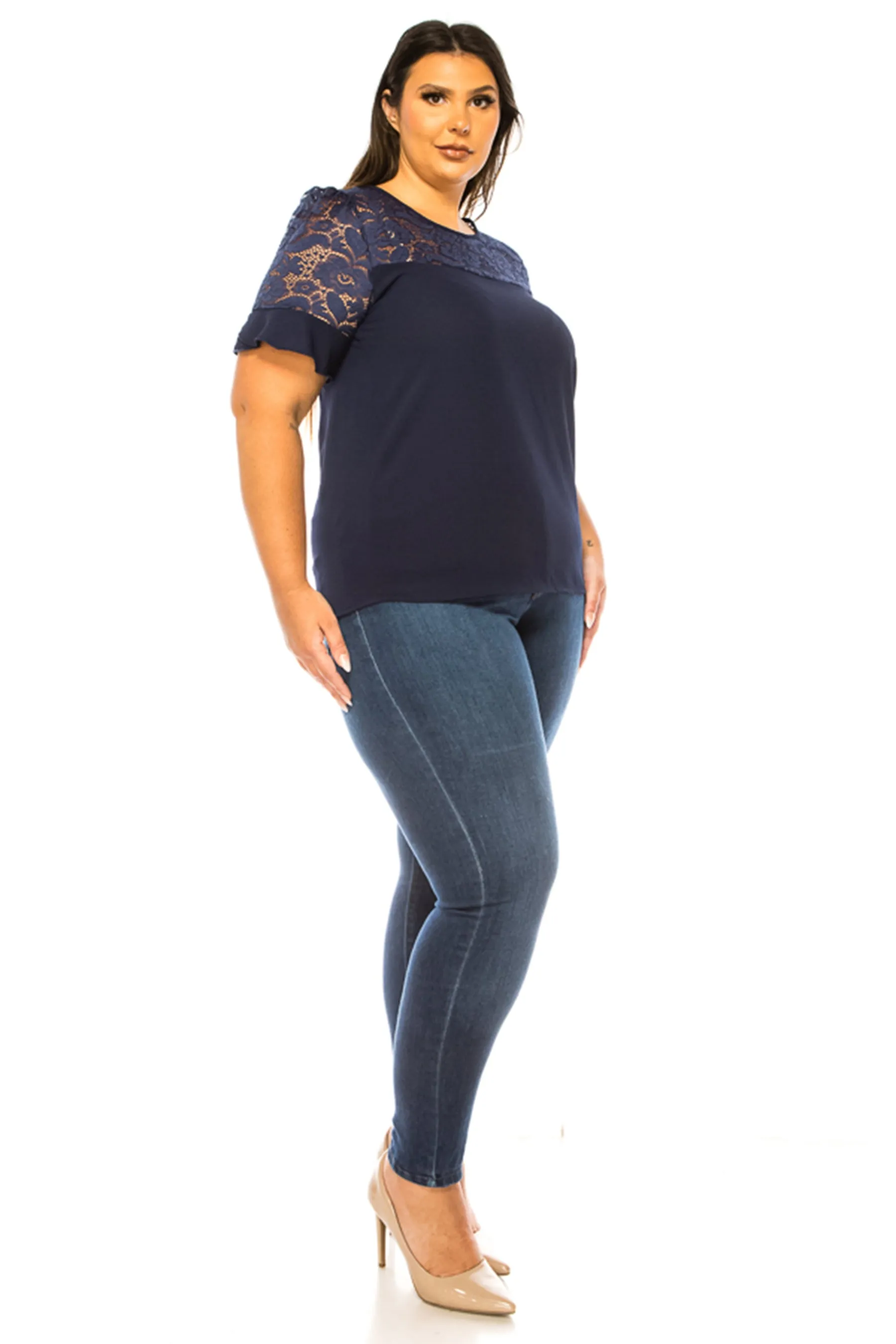 Women's Plus Size Classic Solid Top with Lace Accent - Casual and Elegant