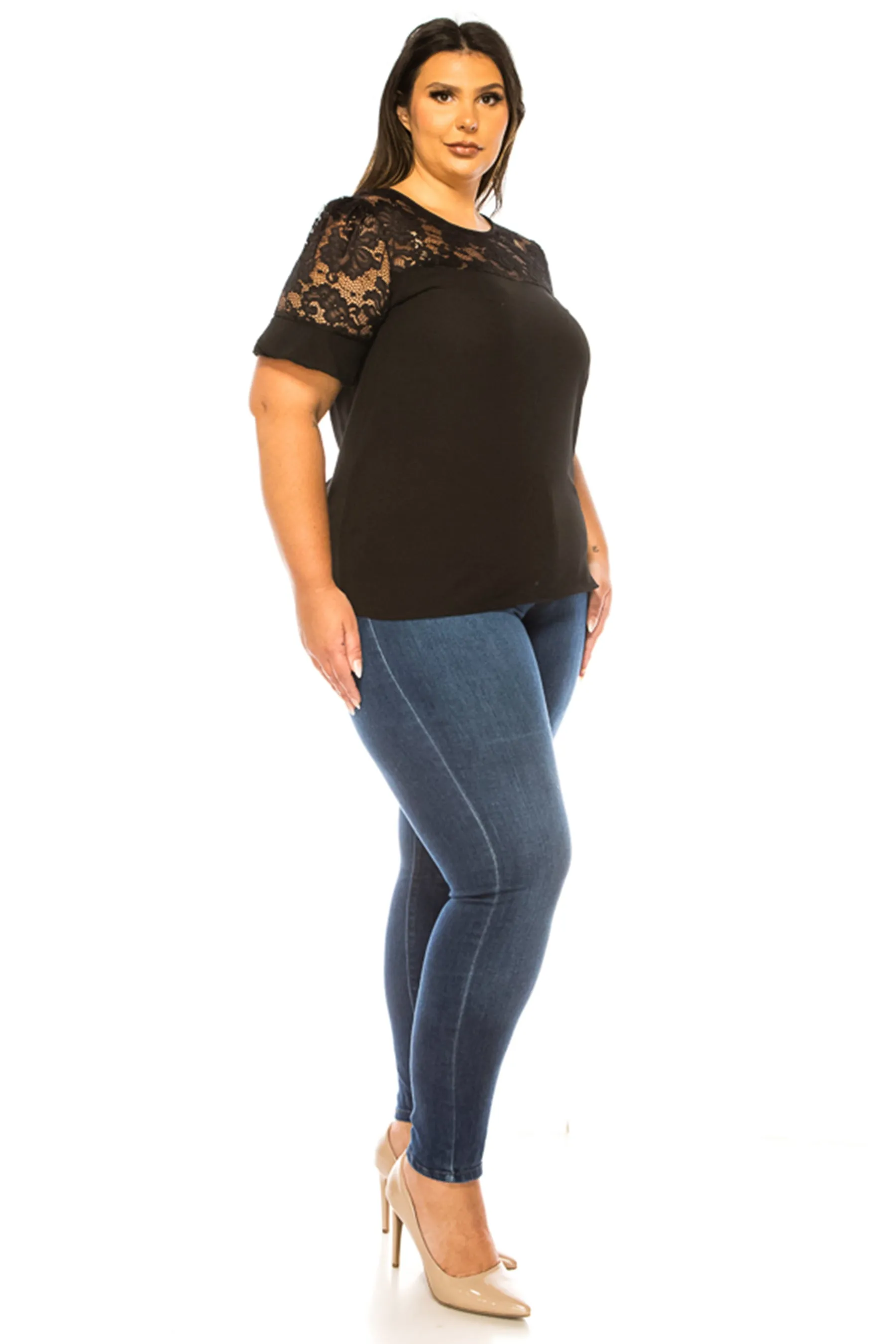Women's Plus Size Classic Solid Top with Lace Accent - Casual and Elegant