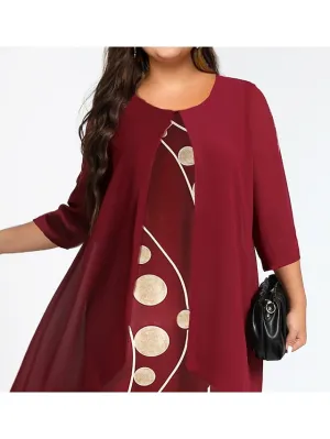 Women's Plus Size Dress Set Graphic Round Neck Ruched 3/4 Length Sleeve Spring Fall Work Formal Knee Length Dress Formal Work Dress / Layered / Print