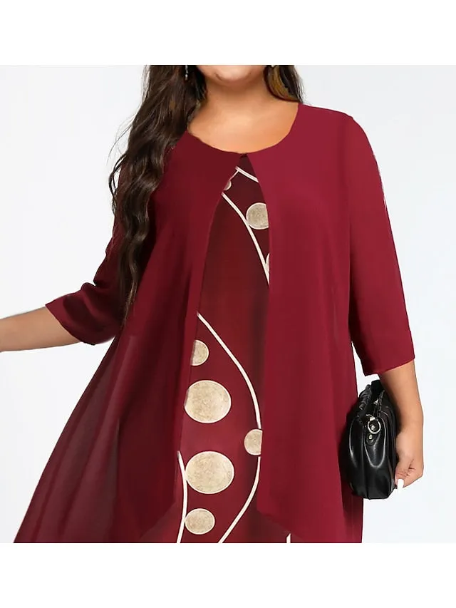 Women's Plus Size Dress Set Graphic Round Neck Ruched 3/4 Length Sleeve Spring Fall Work Formal Knee Length Dress Formal Work Dress / Layered / Print