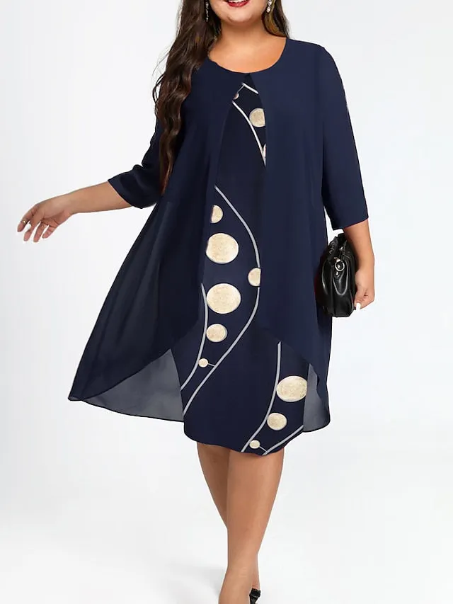 Women's Plus Size Dress Set Graphic Round Neck Ruched 3/4 Length Sleeve Spring Fall Work Formal Knee Length Dress Formal Work Dress / Layered / Print