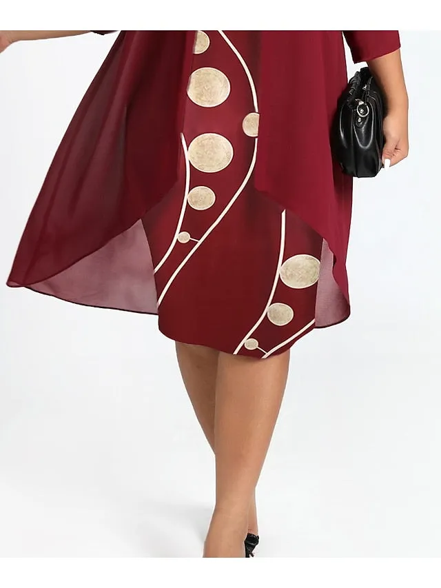 Women's Plus Size Dress Set Graphic Round Neck Ruched 3/4 Length Sleeve Spring Fall Work Formal Knee Length Dress Formal Work Dress / Layered / Print