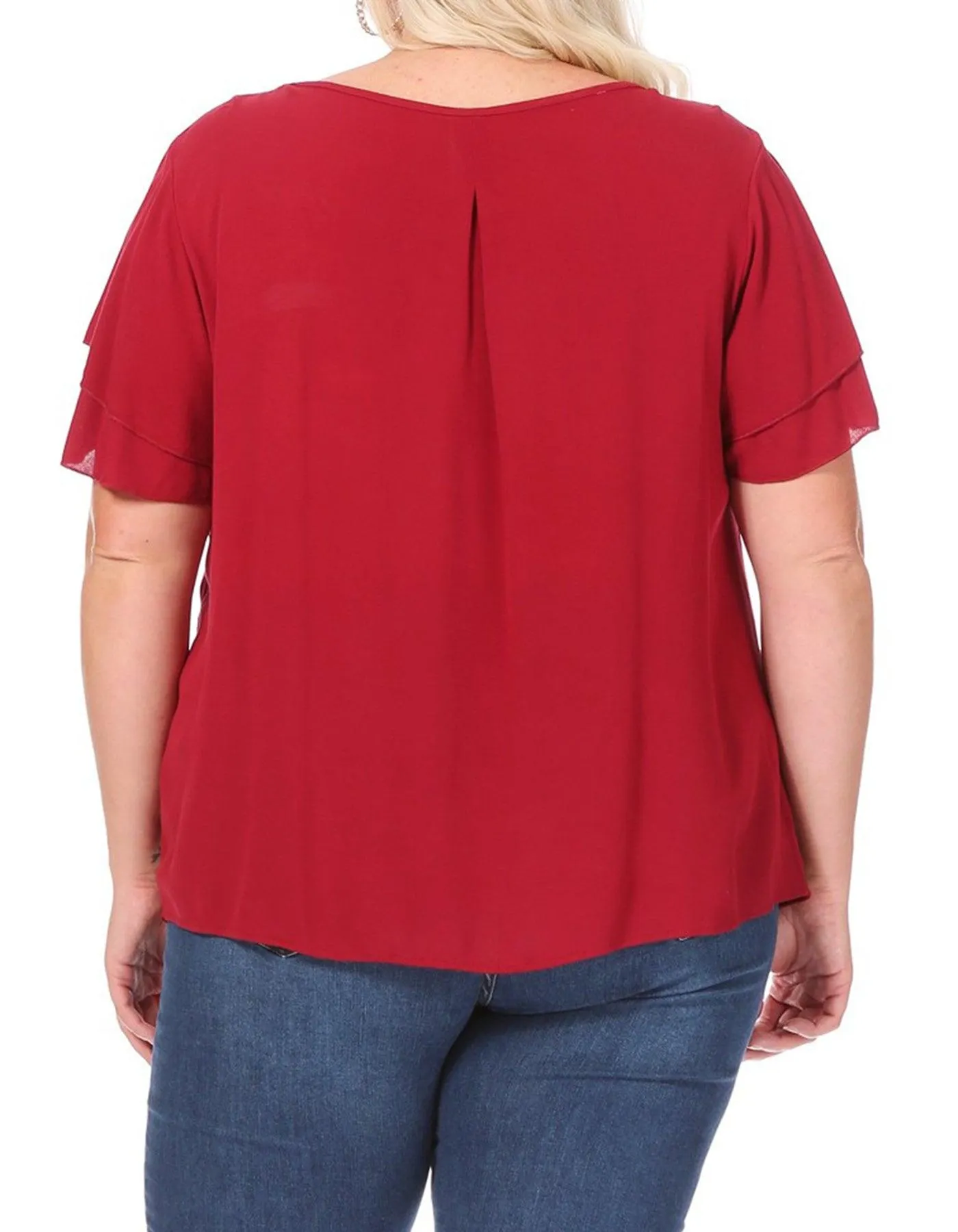 Women's Plus Size Solid Flowy Short Flutter Sleeve Key Hole Blouse