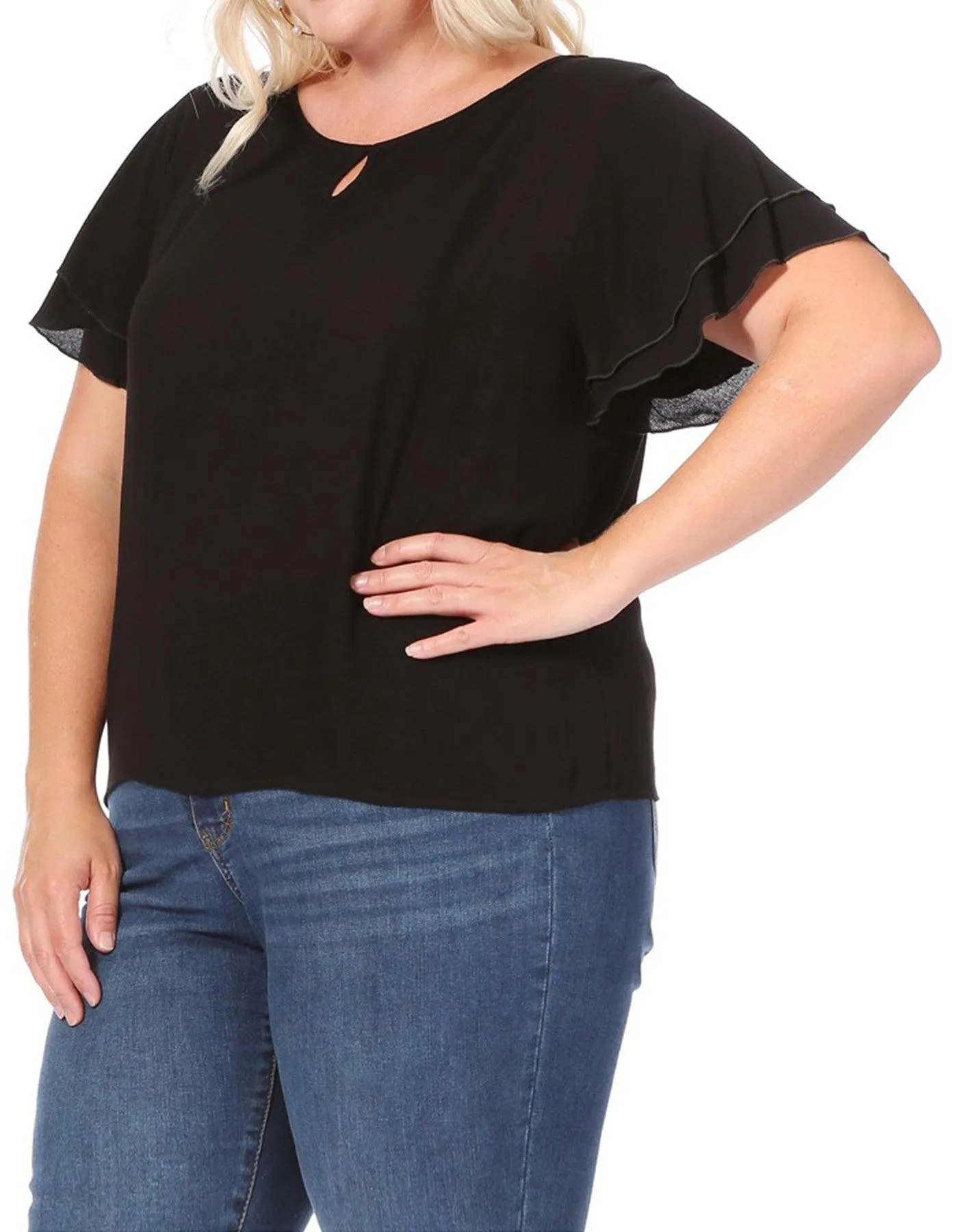 Women's Plus Size Solid Flowy Short Flutter Sleeve Key Hole Blouse