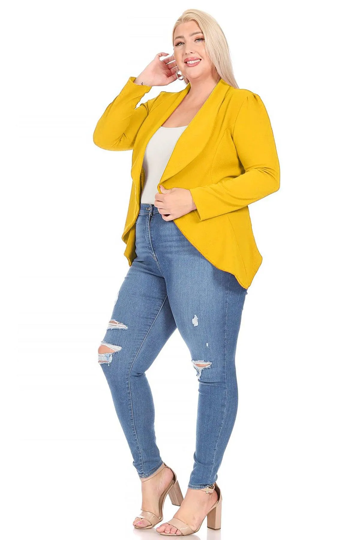 Women's Plus Size Solid Long Sleeve Waist Length Open Front Office Blazer