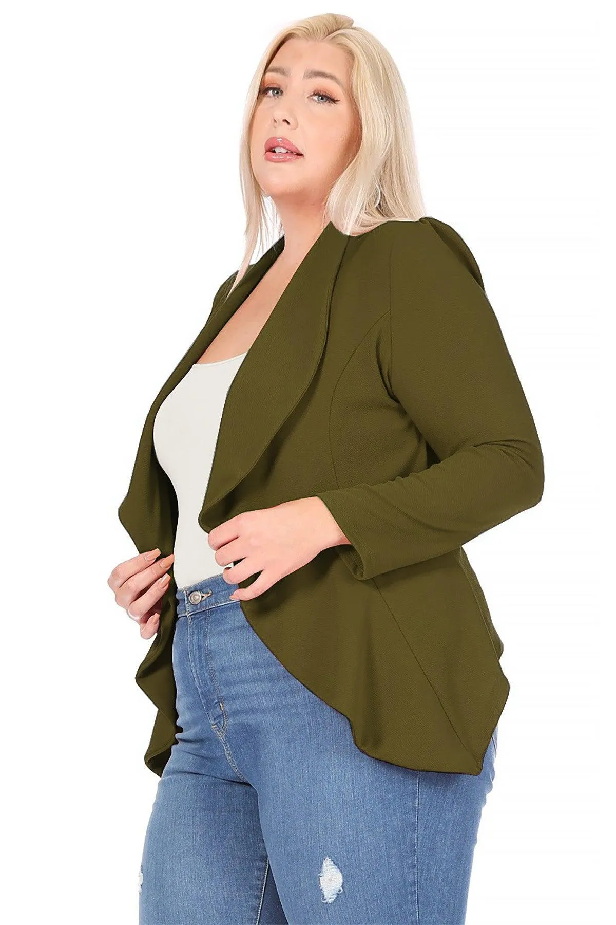 Women's Plus Size Solid Long Sleeve Waist Length Open Front Office Blazer