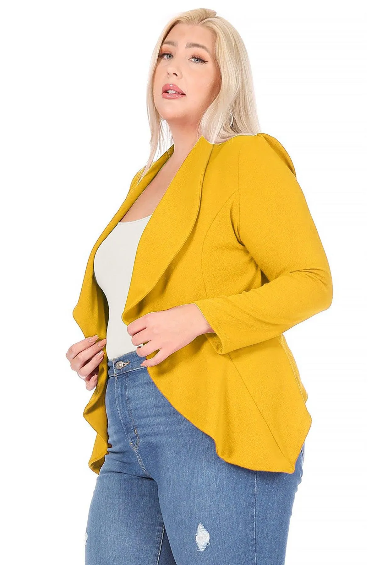 Women's Plus Size Solid Long Sleeve Waist Length Open Front Office Blazer