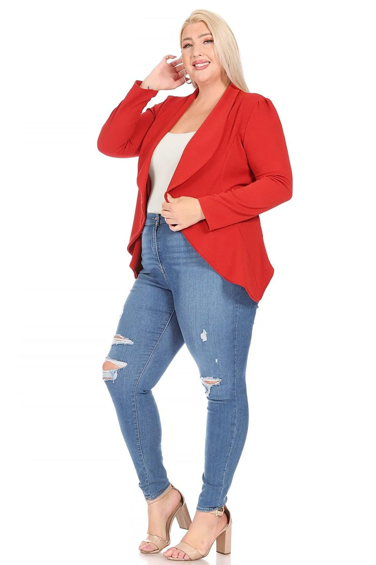 Women's Plus Size Solid Long Sleeve Waist Length Open Front Office Blazer