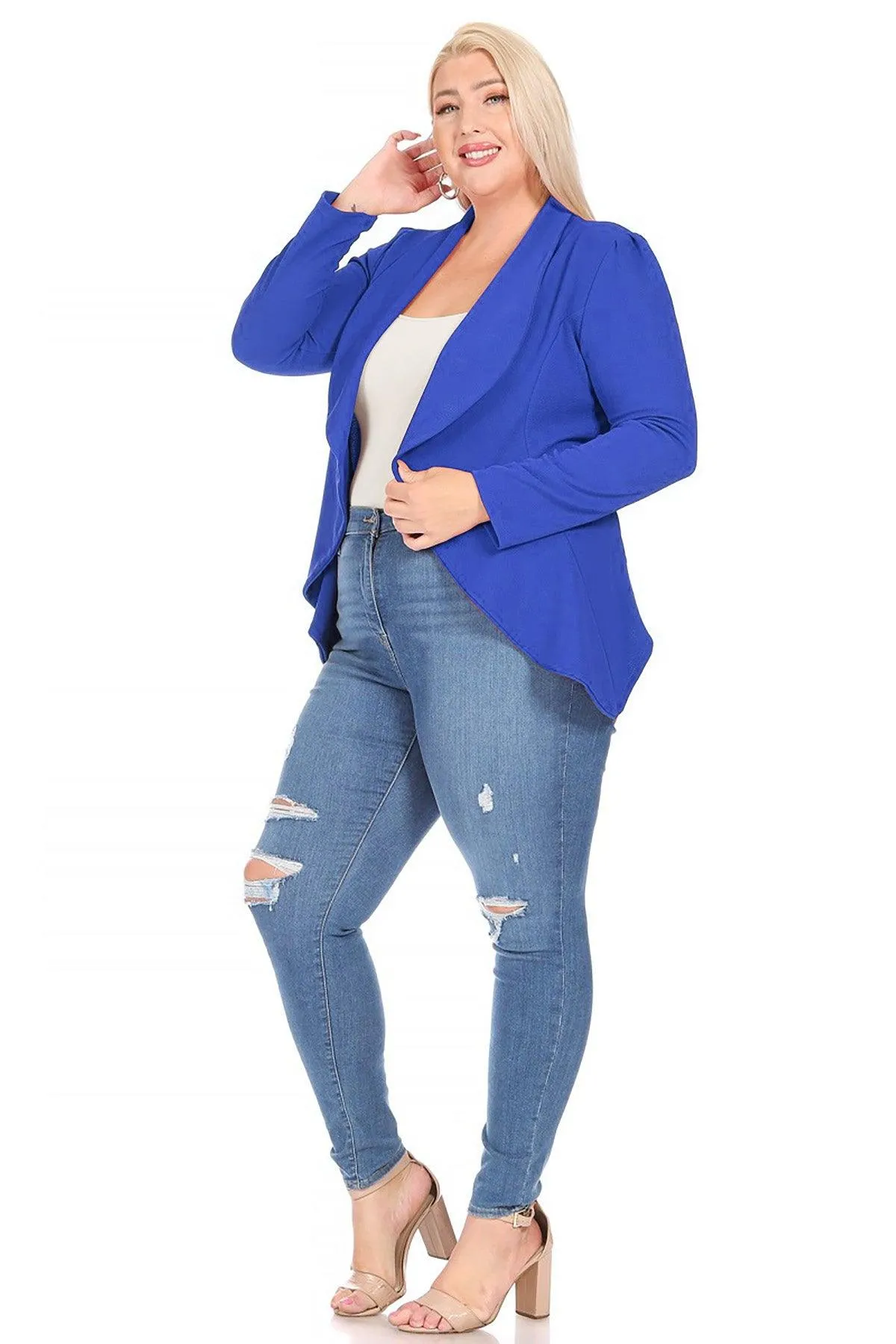 Women's Plus Size Solid Long Sleeve Waist Length Open Front Office Blazer