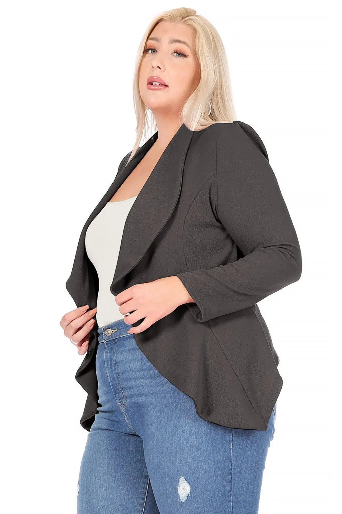 Women's Plus Size Solid Long Sleeve Waist Length Open Front Office Blazer