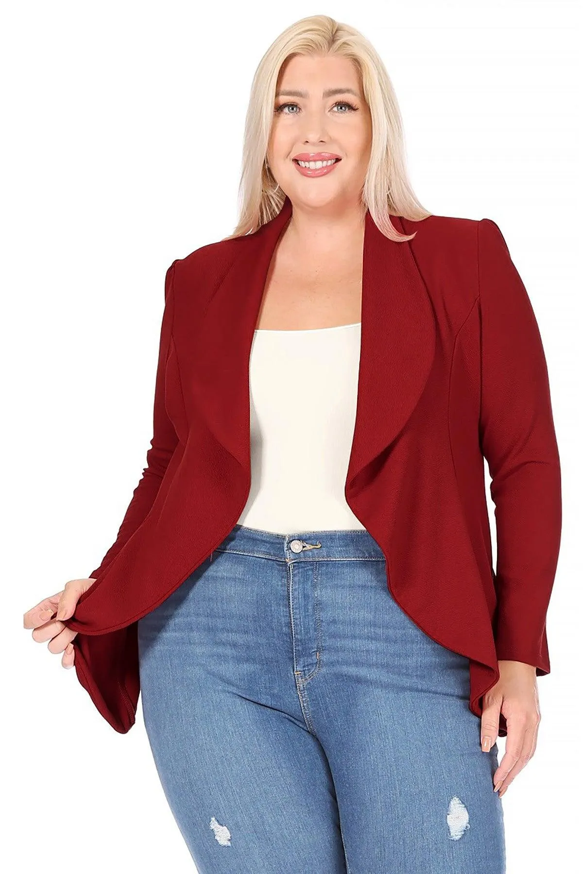 Women's Plus Size Solid Long Sleeve Waist Length Open Front Office Blazer