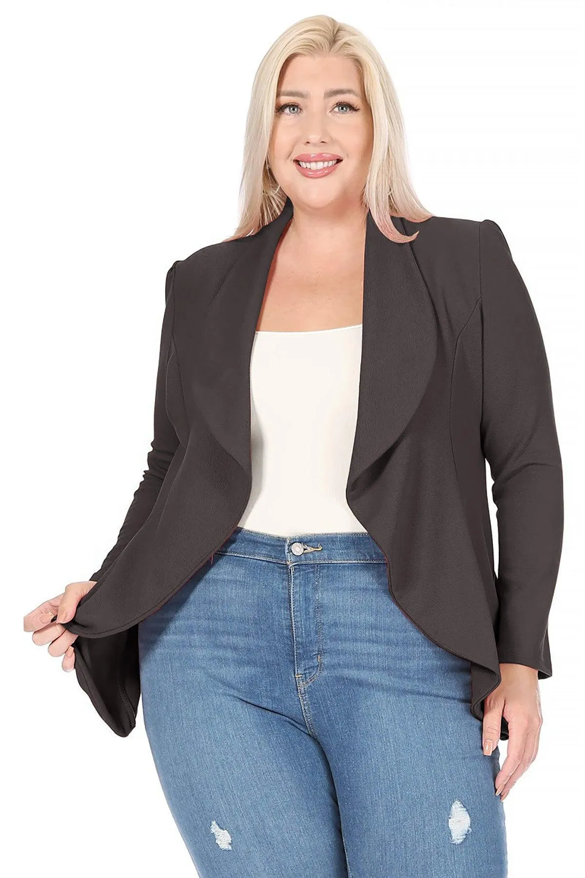 Women's Plus Size Solid Long Sleeve Waist Length Open Front Office Blazer