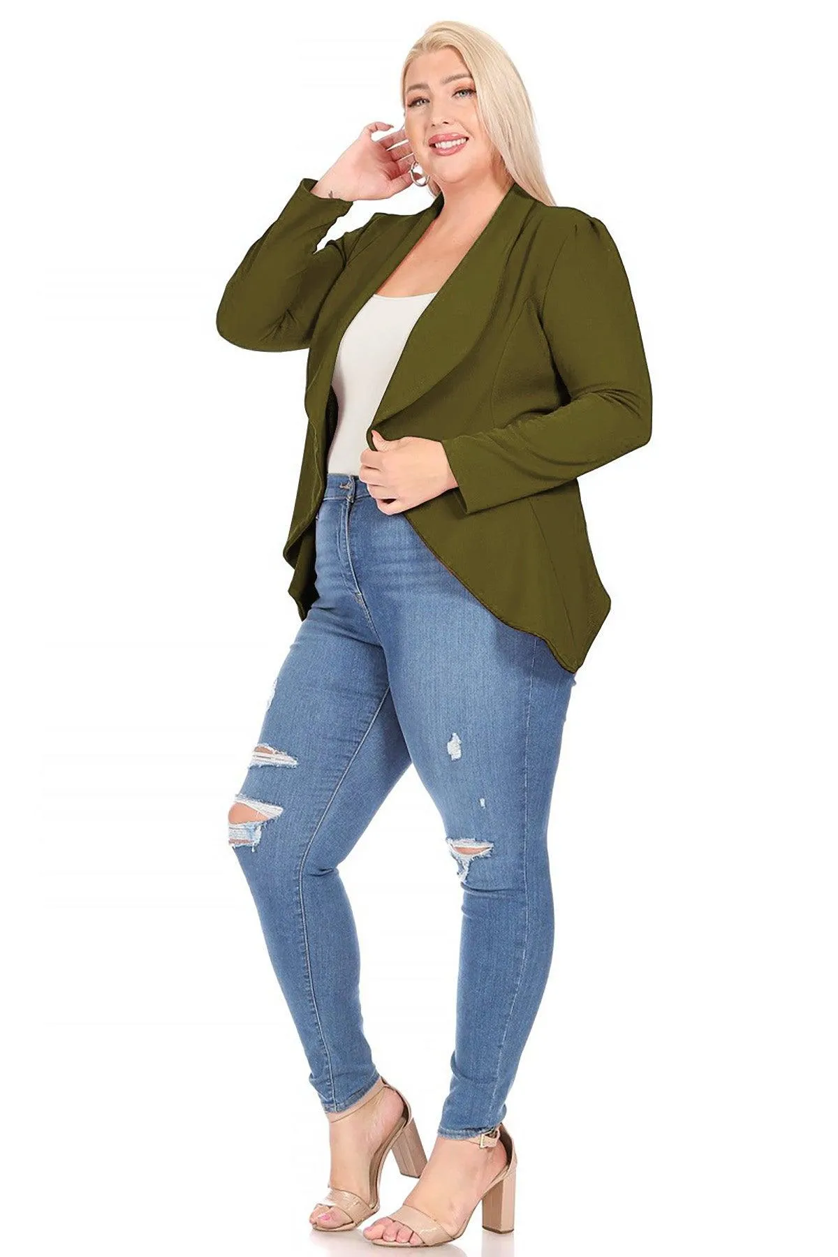 Women's Plus Size Solid Long Sleeve Waist Length Open Front Office Blazer